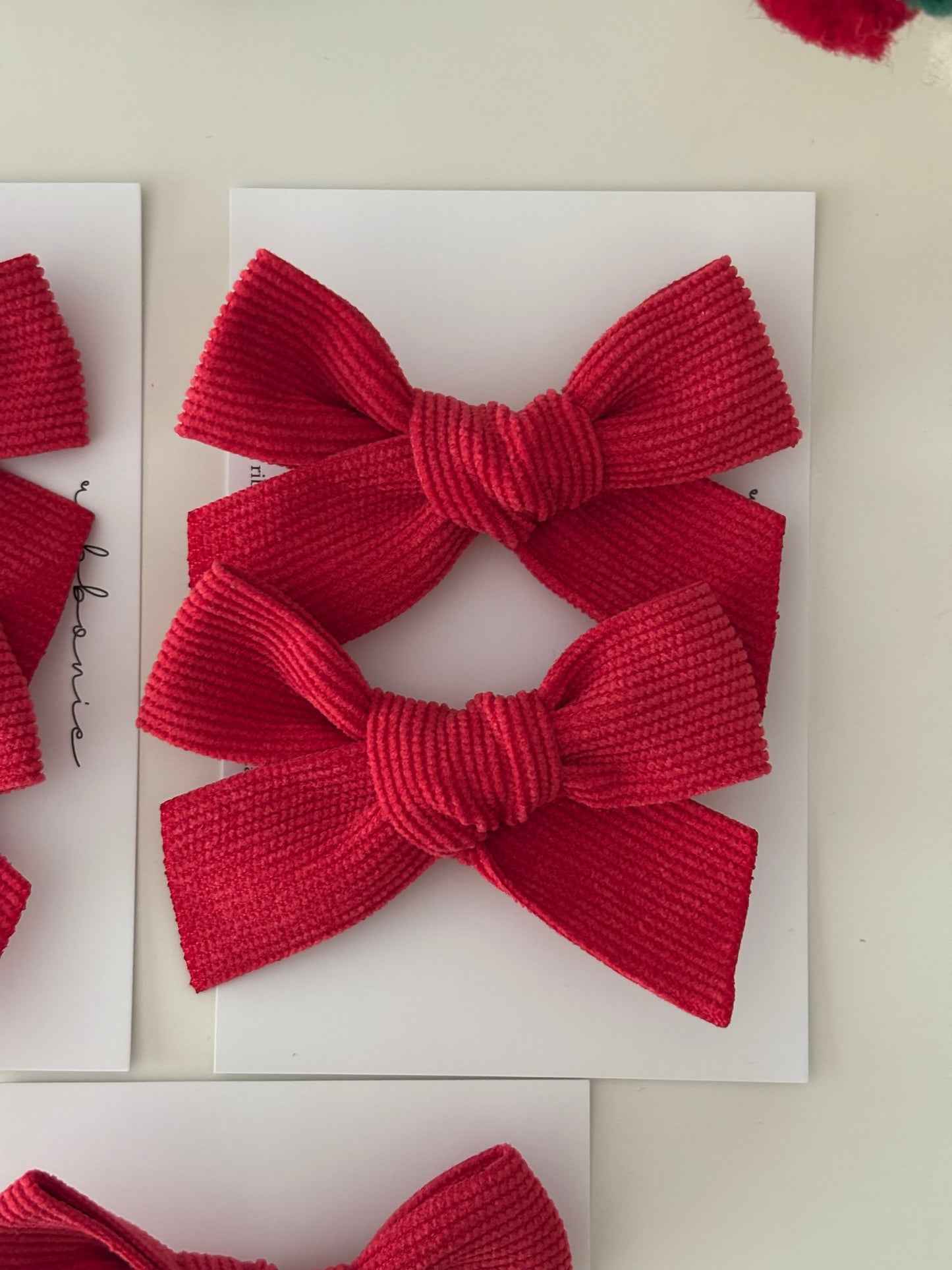 Set of 2 Red Corduroy Christmas Bow Hair Clips Handmade Pigtail Bows ribbony