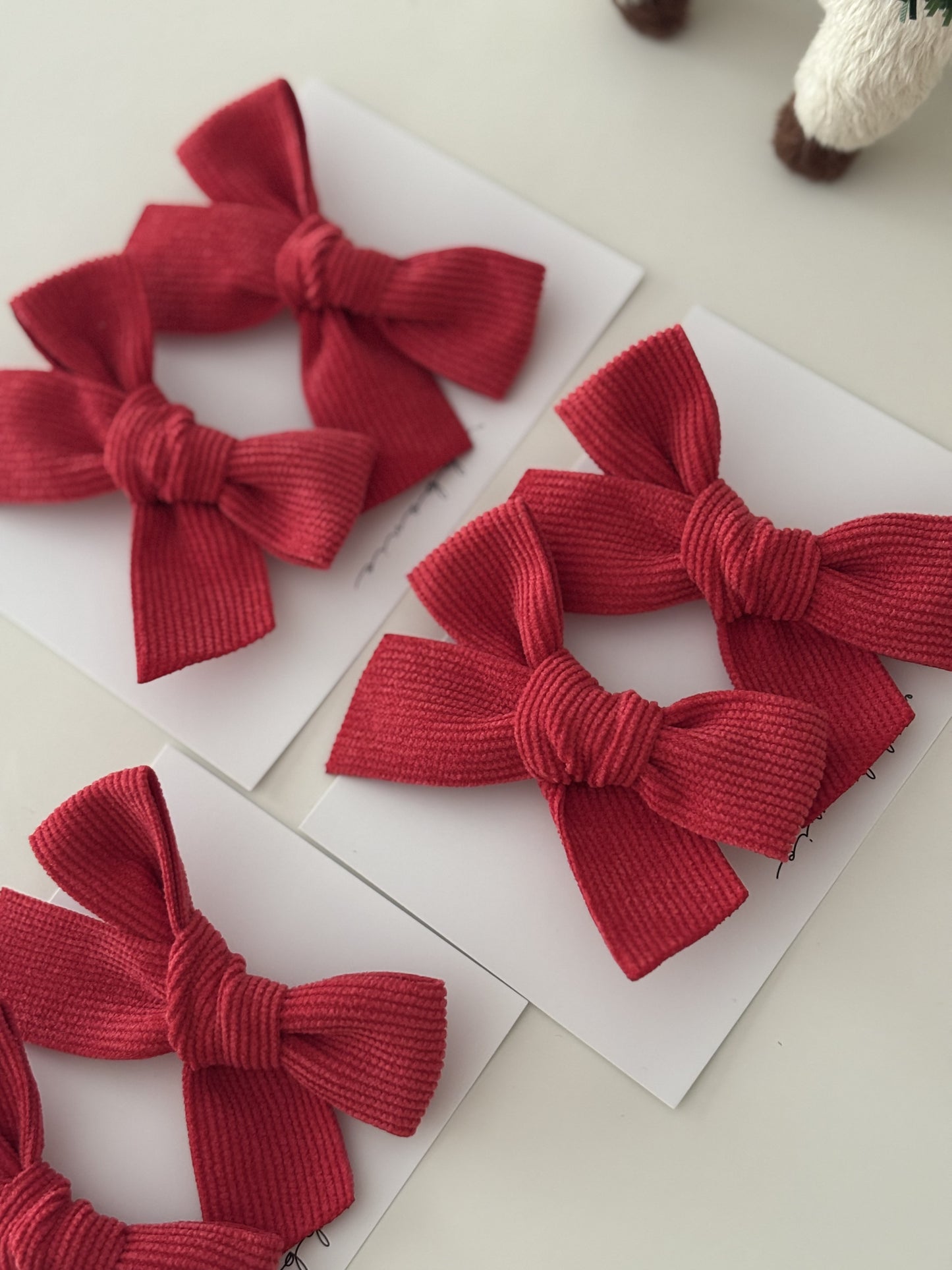 Set of 2 Red Corduroy Christmas Bow Hair Clips Handmade Pigtail Bows ribbony