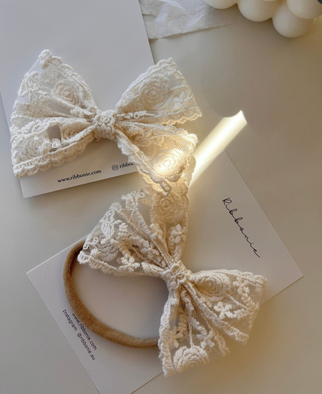Ivory Floral Lace Headband for Babies & Girls – Rosie Soft Nylon Headband ribbonie