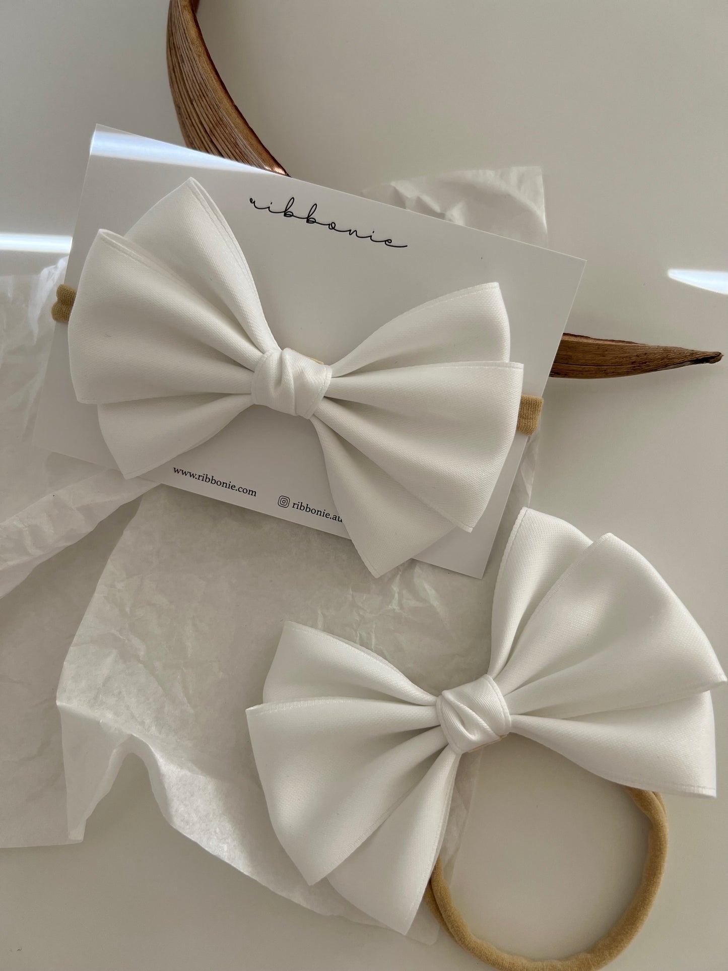 White satin bow headband for christening