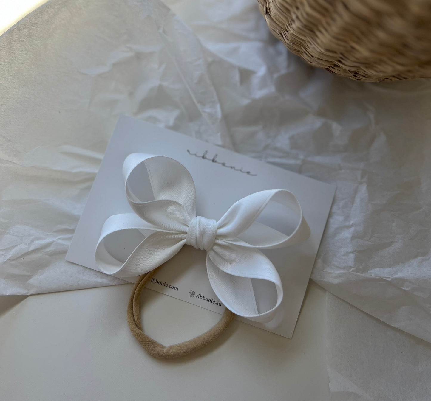 Off White Satin bow baby headband for baptism or Christening