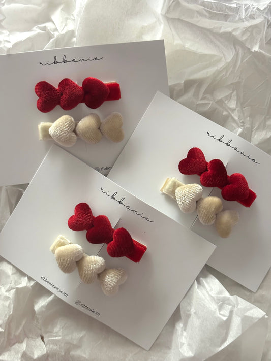 Set of Two Christmas Velvet Love Heart Hair Clips
