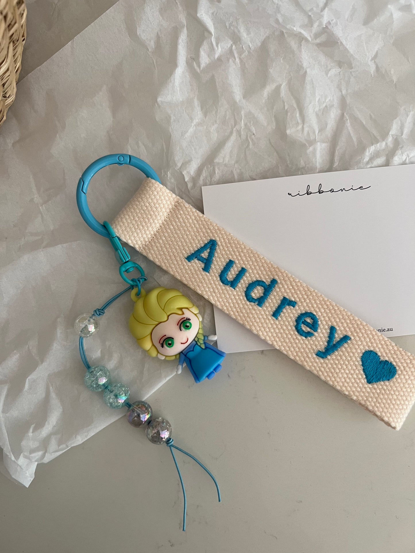 ribbonie personalised embroidery name key ring - princess charm