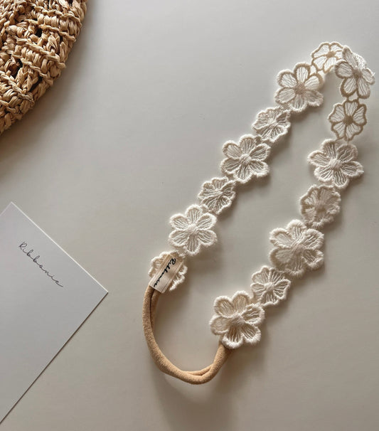 Handmade flower buttercup lace baby headband on soft nylon band